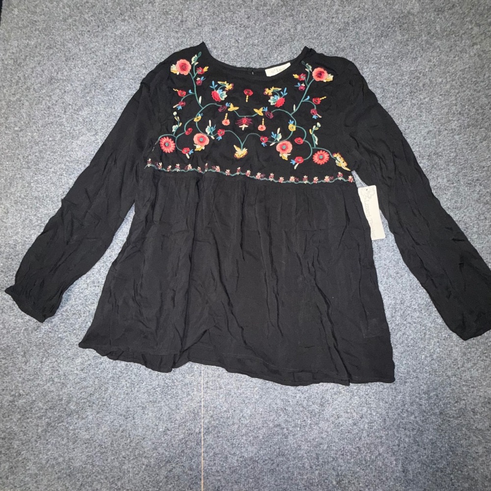 C'isa Lizard Thicket Black Floral Embroidered Boho Festival Peplum Blouse S NWT